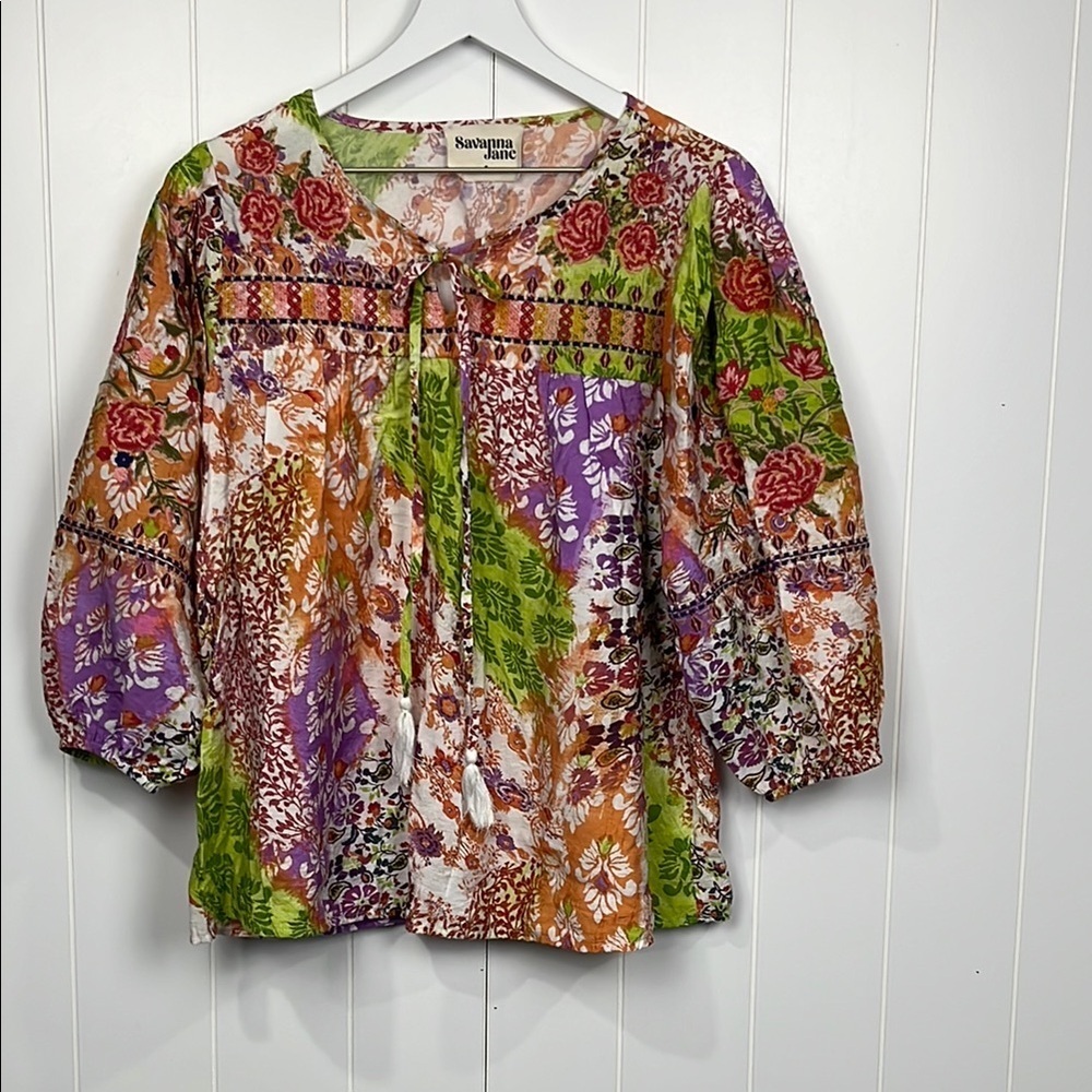 Savanna Jane Women's Top S Red Orange Embroidered Yoke Balloon Sleeves Boho EUC